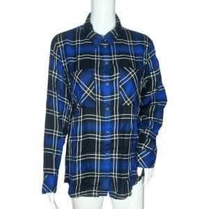 Sanctuary Boyfriend Shirt Blue Black Plaid Long Sleeve‎ Chest Pockets Size Small
